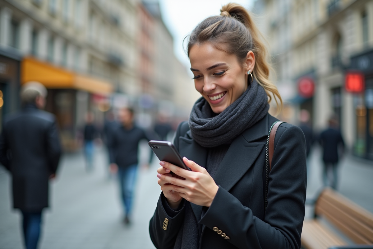 Jeune femme utilisant son smartphone en ville en toute securite
