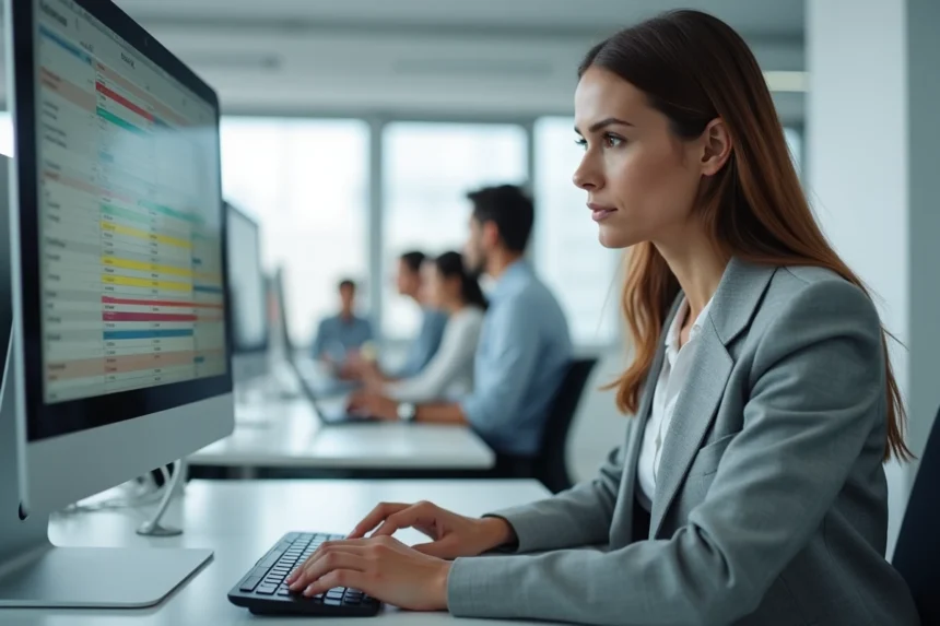 Femme professionnelle analysant un tableau Excel avec des doublons surlignés sur son écran d'ordinateur au bureau