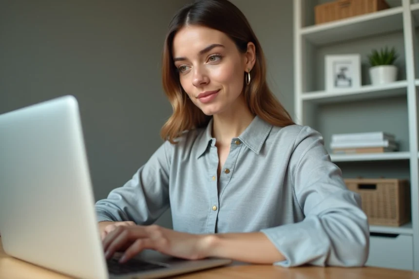 Femme utilisant un logiciel de modification de PDF sur son ordinateur portable dans un bureau à domicile