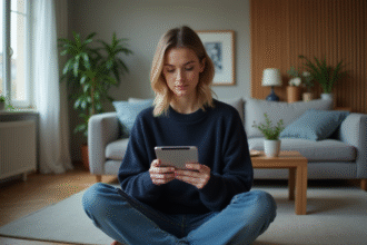 Jeune femme dans un salon moderne utilisant une tablette