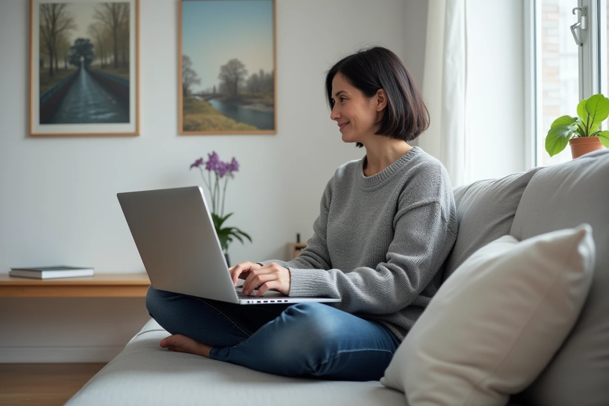 Femme consultant le site officiel Microsoft pour télécharger une image ISO de Windows 7 sur un canapé moderne
