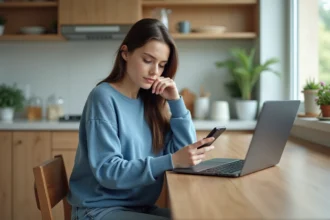 Jeune femme dans la cuisine avec téléphone et plantes