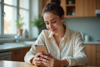 Femme assise à la cuisine parlant à son smartphone