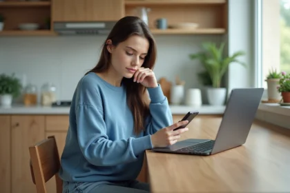 Jeune femme dans la cuisine avec téléphone et plantes