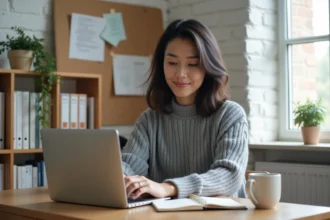 Femme en télétravail utilisant une messagerie professionnelle sur ordinateur portable dans un bureau à domicile moderne