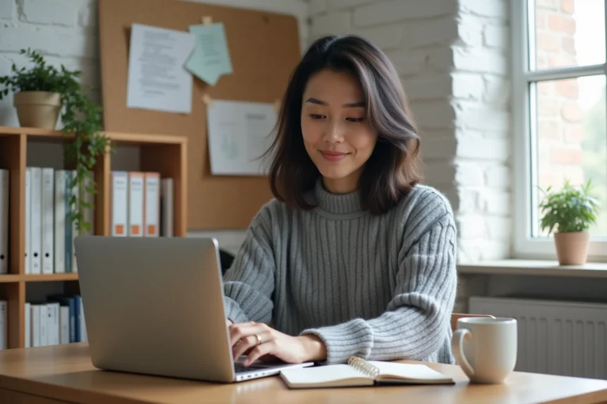 Femme en télétravail utilisant une messagerie professionnelle sur ordinateur portable dans un bureau à domicile moderne