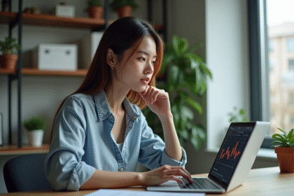 Jeune femme analysant des données sur un ordinateur dans un bureau moderne