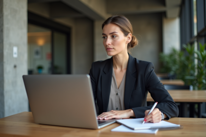Femme professionnelle analysant une maquette de landing page