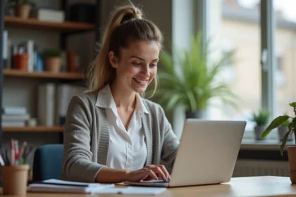 Jeune femme française vérifiant ses emails au bureau