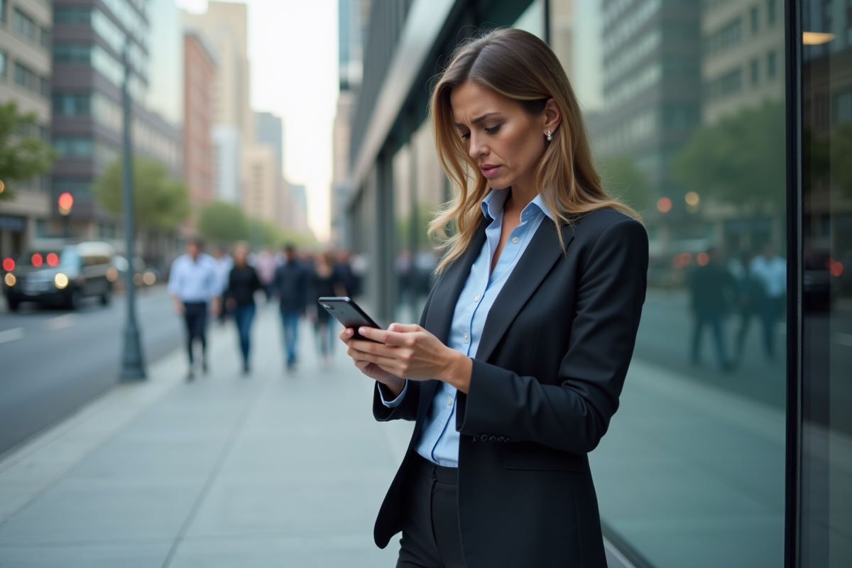 Femme daffaires regardant une alerte de site insecure sur son smartphone