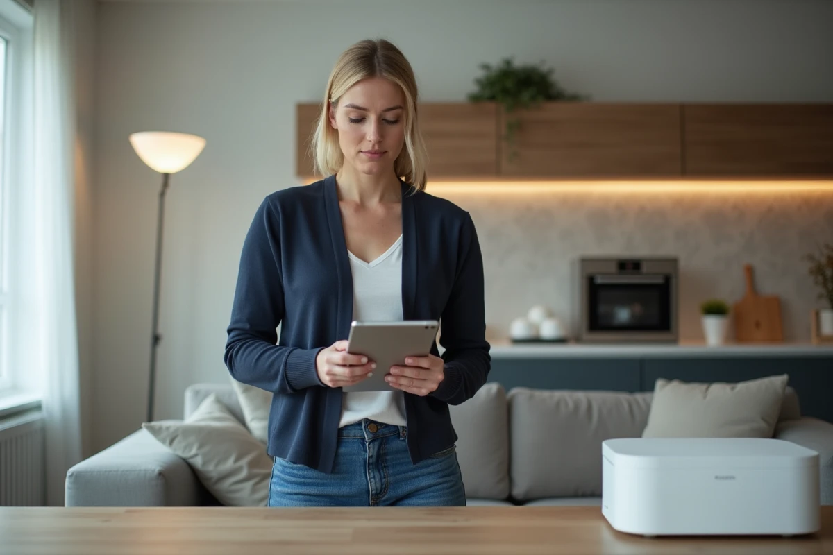 Femme explorant une interface sur une tablette dans un salon cosy