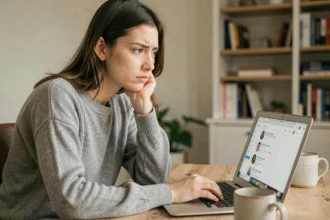 Jeune femme vérifiant un compte Instagram sur son ordinateur portable pour éviter les arnaques en ligne