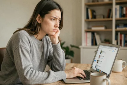 Jeune femme vérifiant un compte Instagram sur son ordinateur portable pour éviter les arnaques en ligne