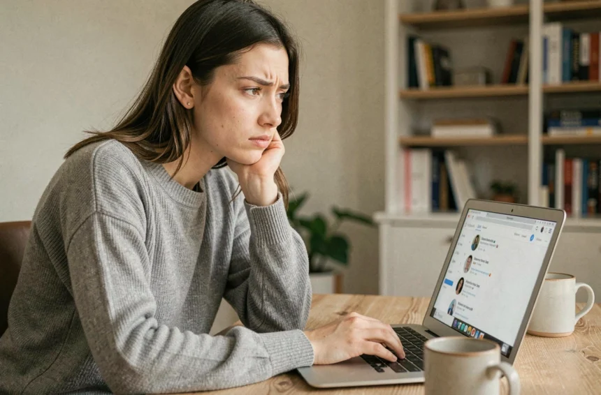 Jeune femme vérifiant un compte Instagram sur son ordinateur portable pour éviter les arnaques en ligne