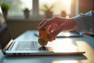 Main faisant tourner un fidget spinner coloré sur un clavier d'ordinateur