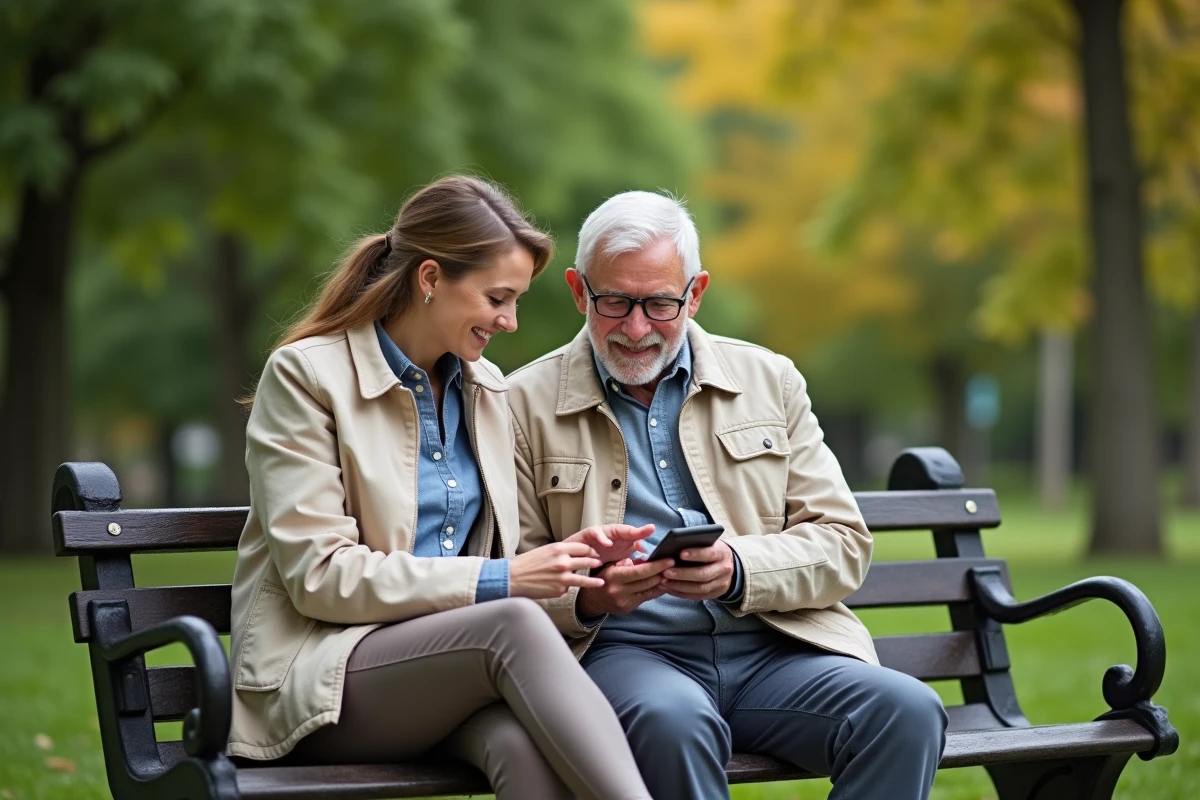 Fille et père discutant sur un banc dans un parc verdoyant