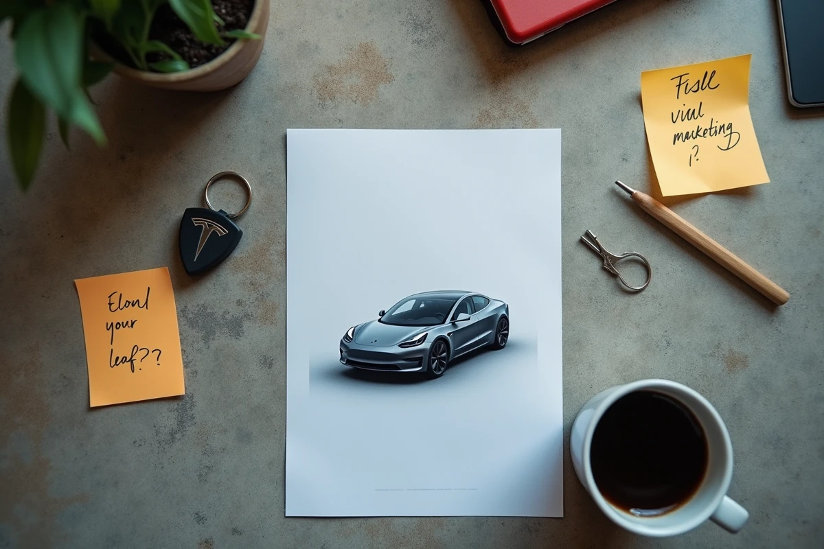 Flat-lay journalistique avec concept du téléphone Tesla portable et notes manuscrites sur une enquête marketing viral