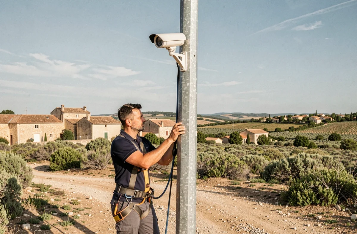 Technicien Flober Grans installant une caméra de surveillance sur un mât extérieur dans un espace public provençal