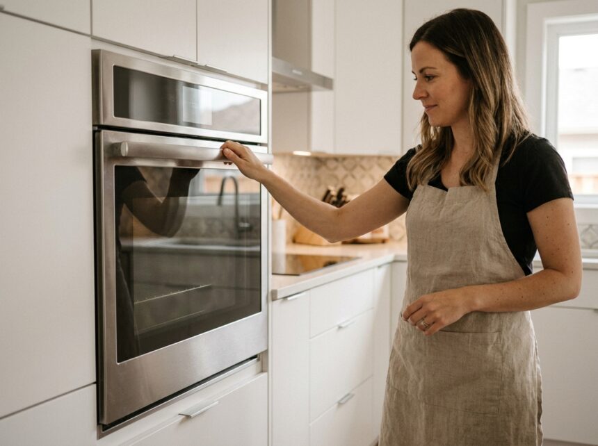 Femme ouvrant un four encastrable en inox intégré dans une cuisine moderne blanche avec meubles encastrés