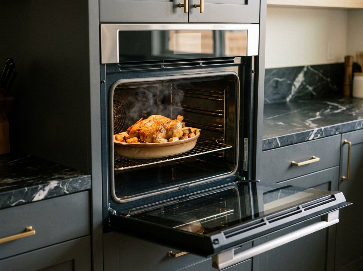 Gros plan d'un four encastrable ouvert avec plat rôti doré dans une cuisine contemporaine gris anthracite