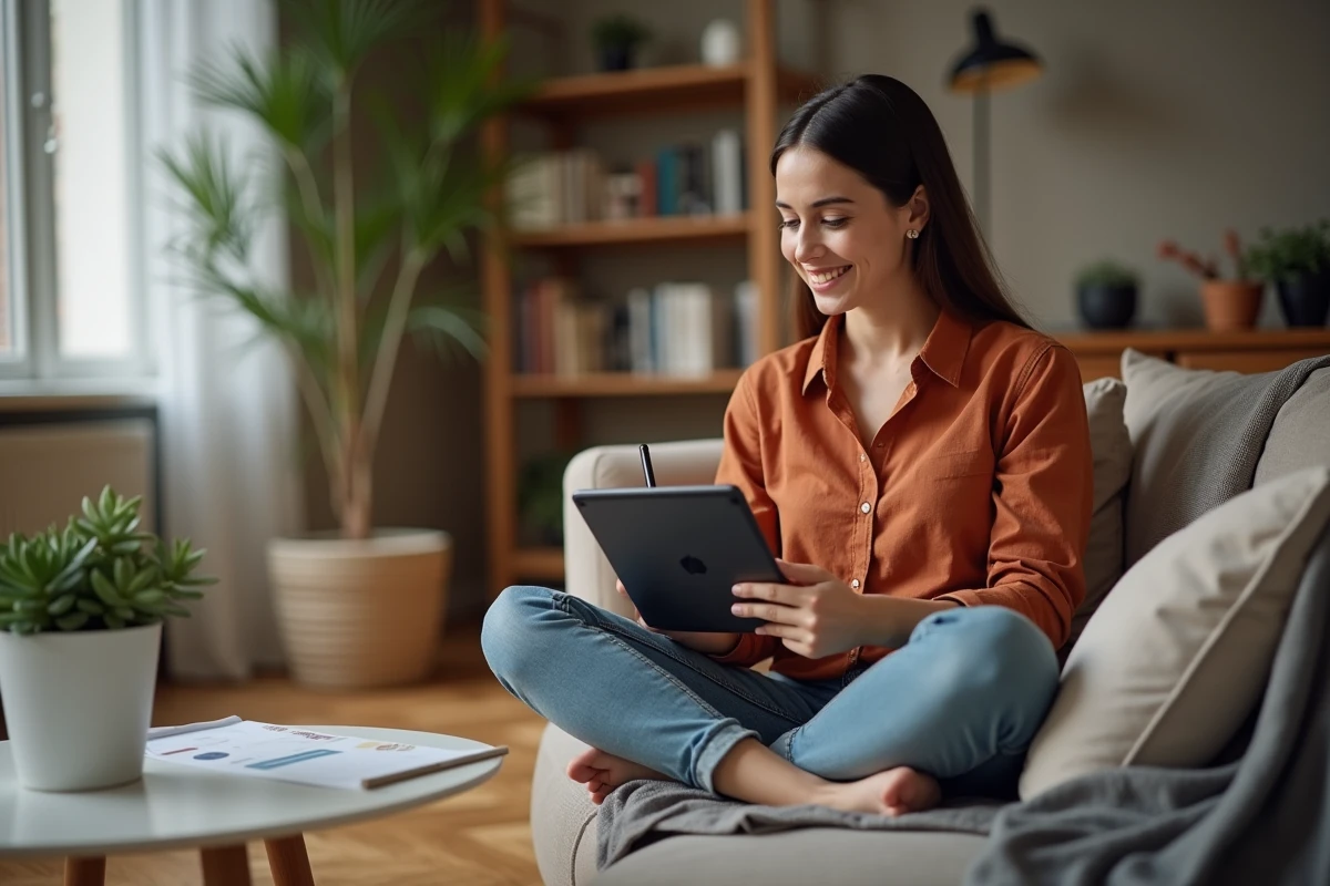 Jeune femme freelance personnalisant son site vitrine professionnel sur tablette depuis son appartement