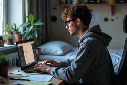 Jeune homme gamer concentré sur son ordinateur dans sa chambre