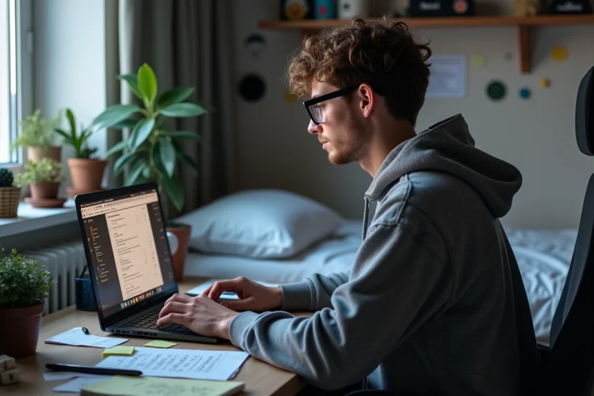 Jeune homme gamer concentré sur son ordinateur dans sa chambre