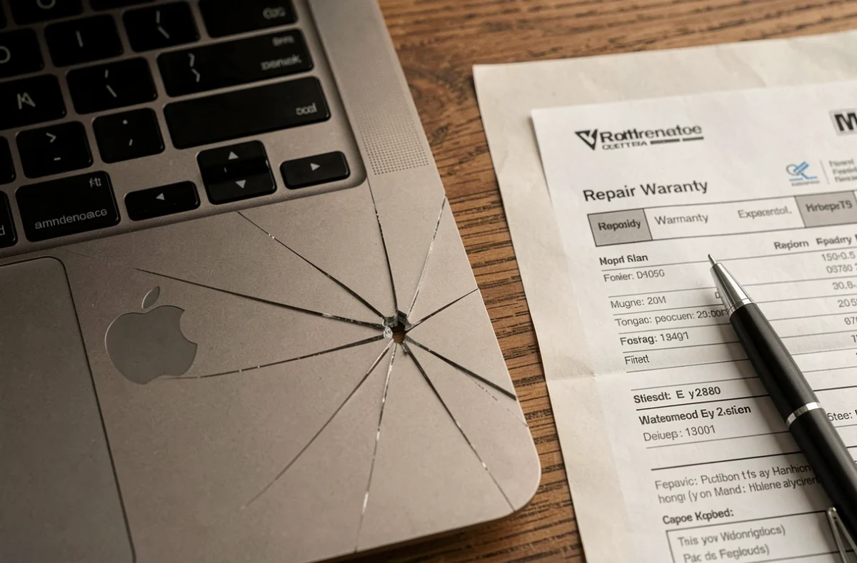 Gros plan d'un écran de MacBook fissuré posé à côté d'une facture de réparation imprimée sur une table en bois, illustrant un litige de garantie