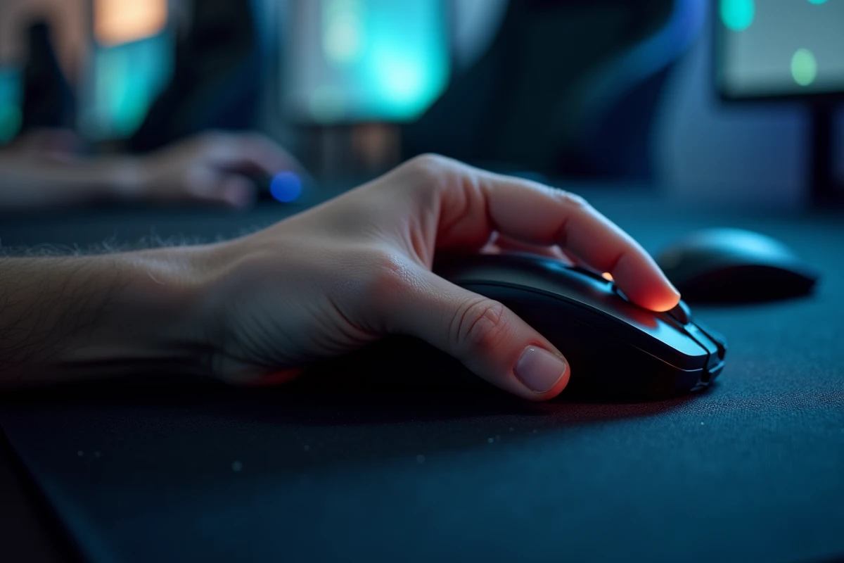 Gros plan d'une main en train de cliquer rapidement sur une souris gaming haute performance illustrant la précision et la vitesse de clic