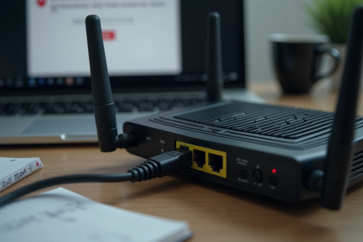 Gros plan sur un routeur domestique connecté à un ordinateur portable affichant une erreur de timeout sur une adresse IP locale