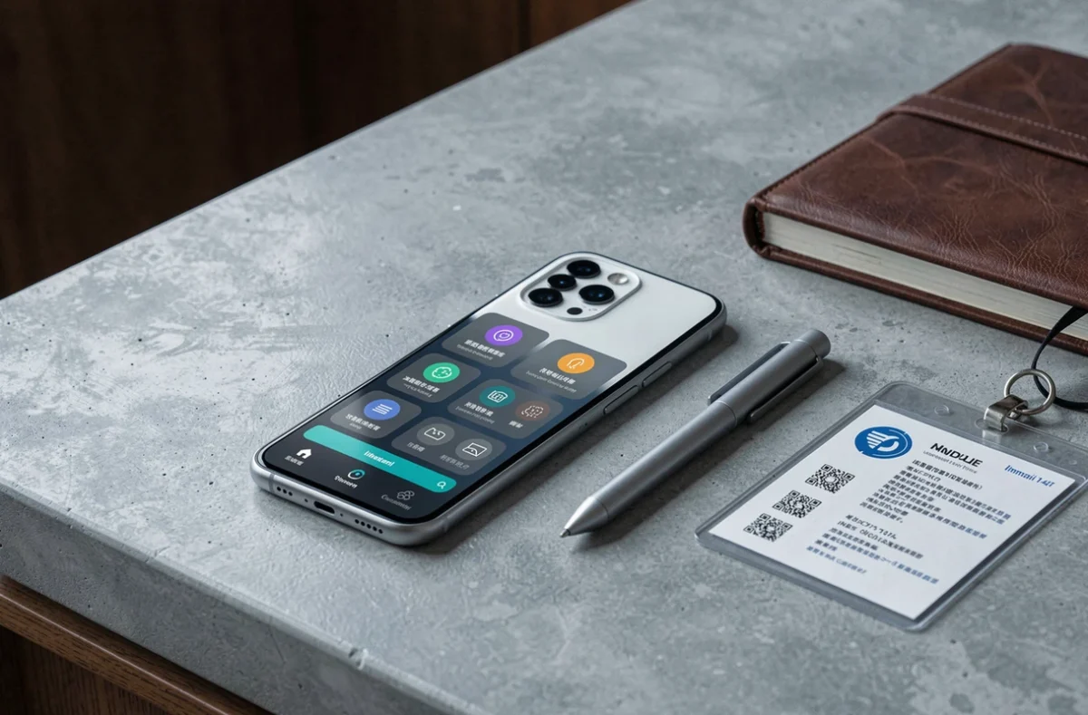 Gros plan d'un Xiaomi 14T affichant une interface de sécurité professionnelle sur un bureau en béton avec accessoires de travail