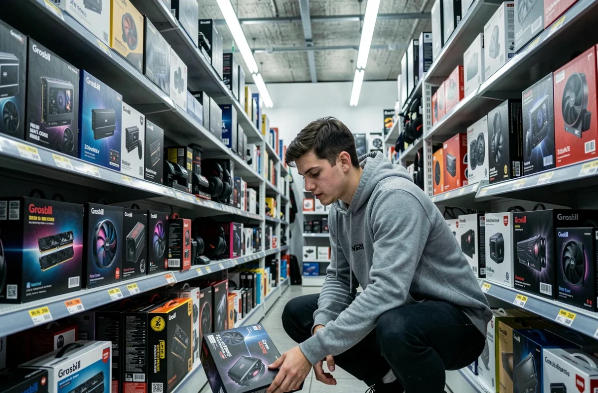 Rayon de composants informatiques du magasin Grosbill à Noisy-le-Sec, avec un client qui examine attentivement des boîtes de pièces PC