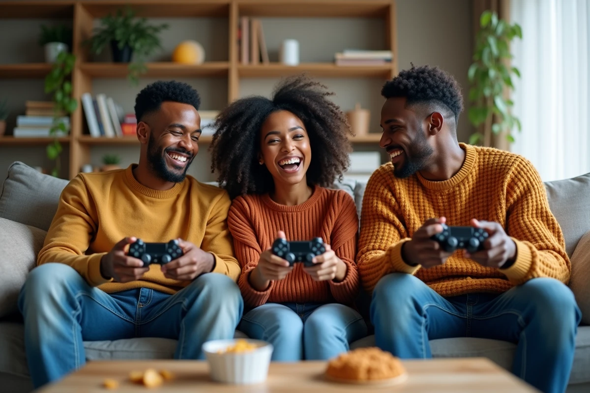 Trois jeunes adultes riant en jouant ensemble à la console