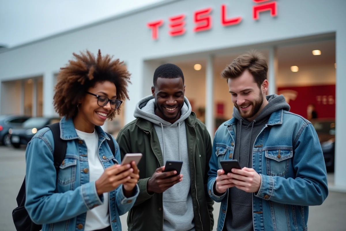 Groupe de jeunes adultes découvrant le projet portable.tesla sur leurs smartphones devant un showroom Tesla