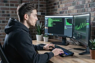 Jeune homme configurant un serveur Minecraft sur un PC double écran dans un bureau à domicile