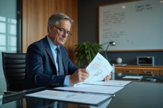 Homme d'affaires examine un contrat avec diagrammes et graphiques