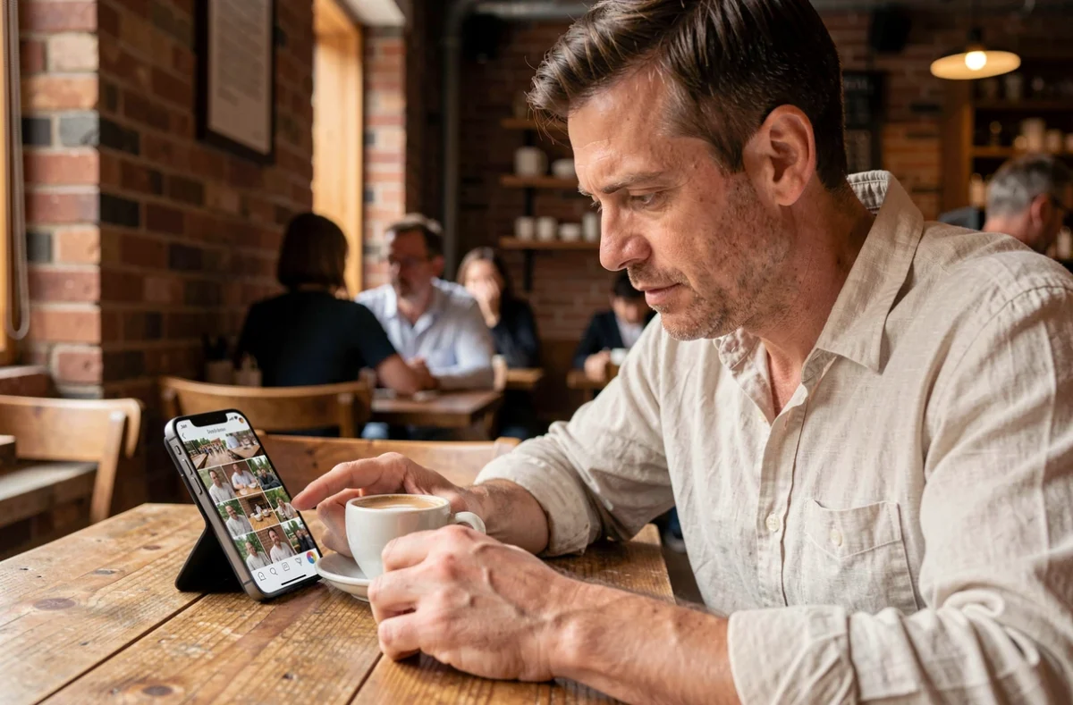 Homme analysant des photos prises avec un iPhone 12 attablé dans un café aux matériaux bruts et chaleureux