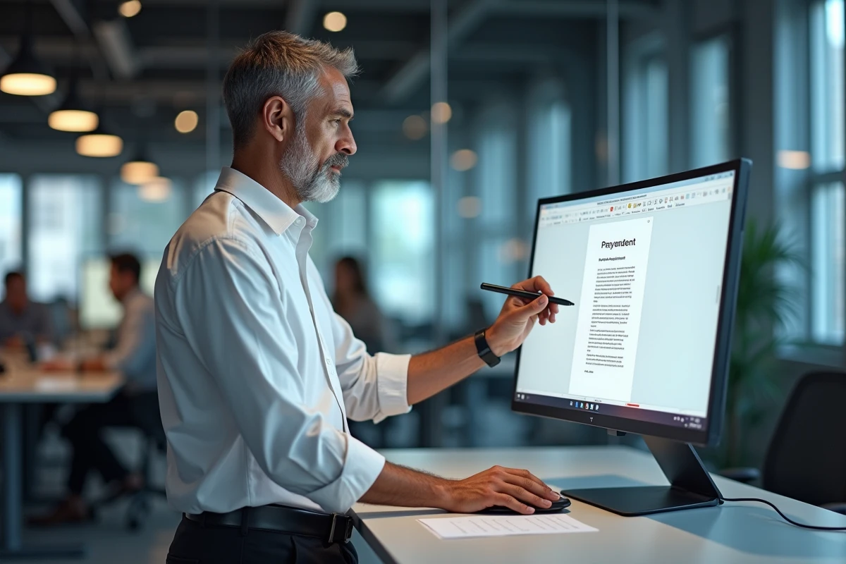 Homme annotant un document PDF sur grand écran dans un open space professionnel moderne