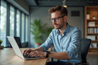 Homme d'âge moyen travaillant sur un ordinateur dans un bureau moderne