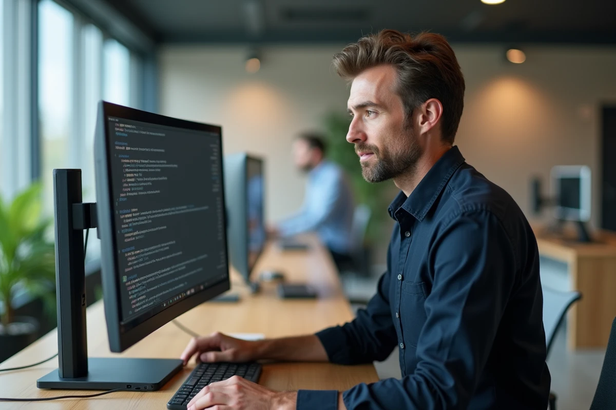 Homme en bureau moderne consultant un document Word avec des lettres accentuées majuscules sur écran