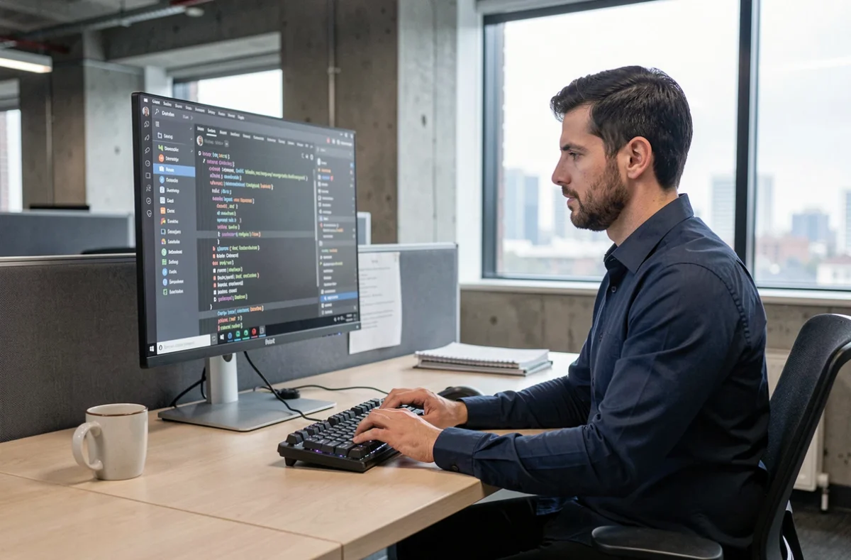 Homme en bureau moderne cherchant à résoudre un problème de formatage texte italique dans Discord