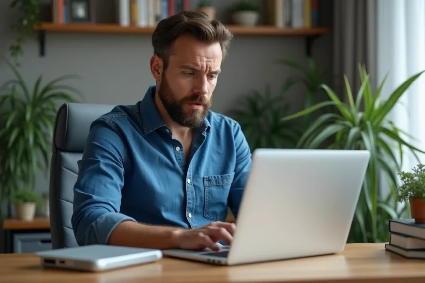 Homme en bureau à domicile examinant un ordinateur portable
