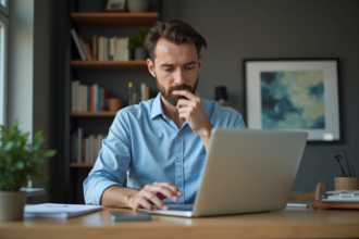 Homme en bureau à la maison utilisant un ordinateur portable