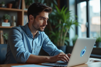 Jeune homme au bureau travaillant sur un ordinateur sécurisé