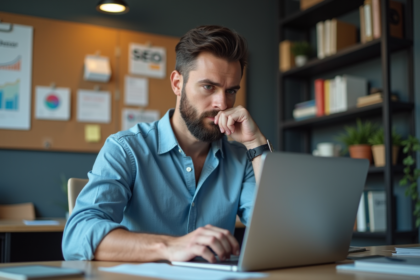 Homme concentré travaillant sur son ordinateur en marketing digital