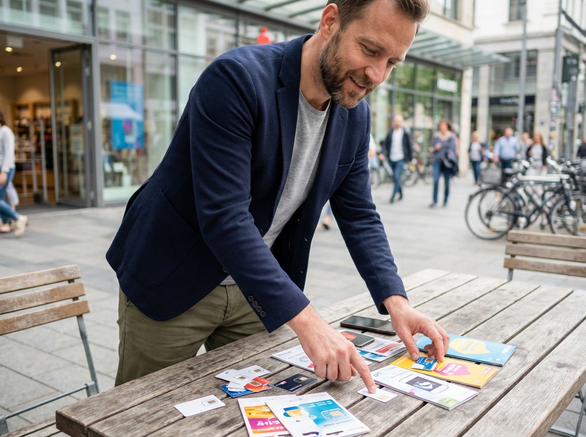 Homme en blazer compare cartes SIM dans un café urbain