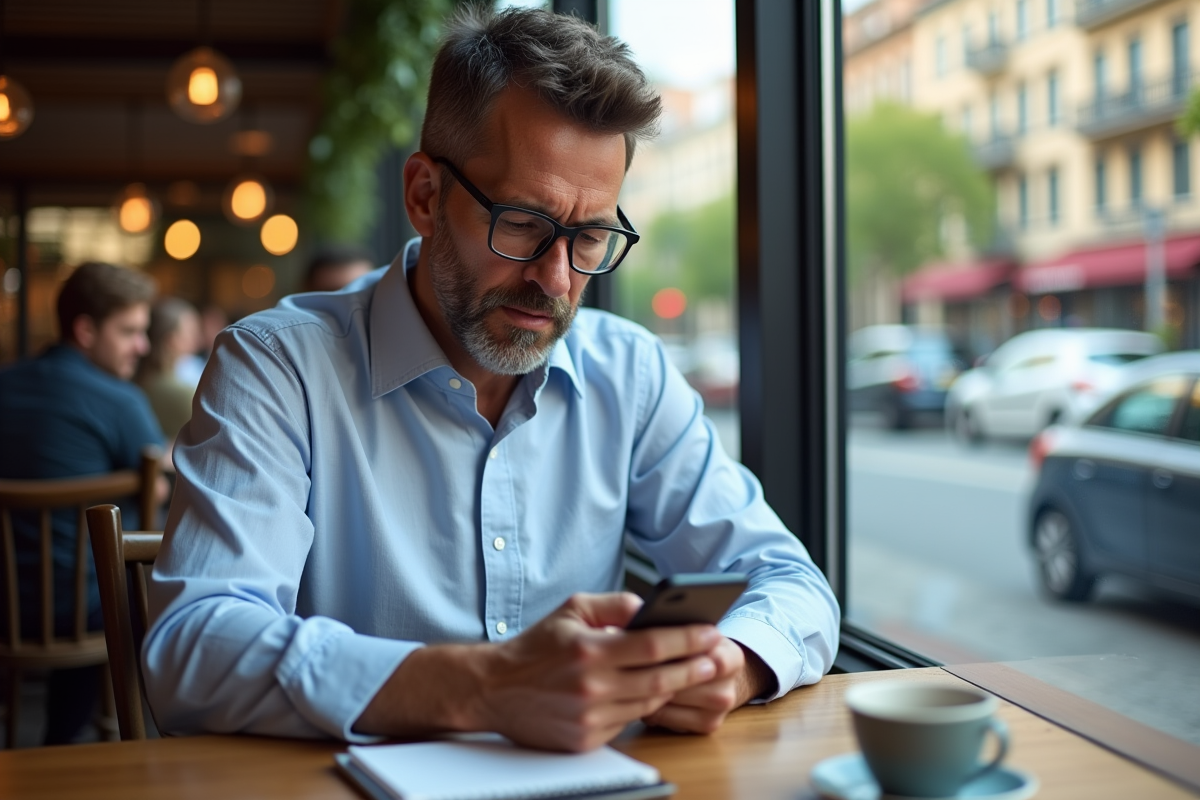 Homme d age vérifiant un email sur son smartphone dans un café animé