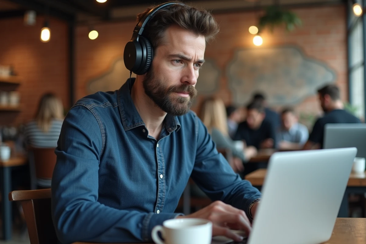 Homme avec casque audio consultant un site de convertisseur MP3 gratuit dans un café moderne
