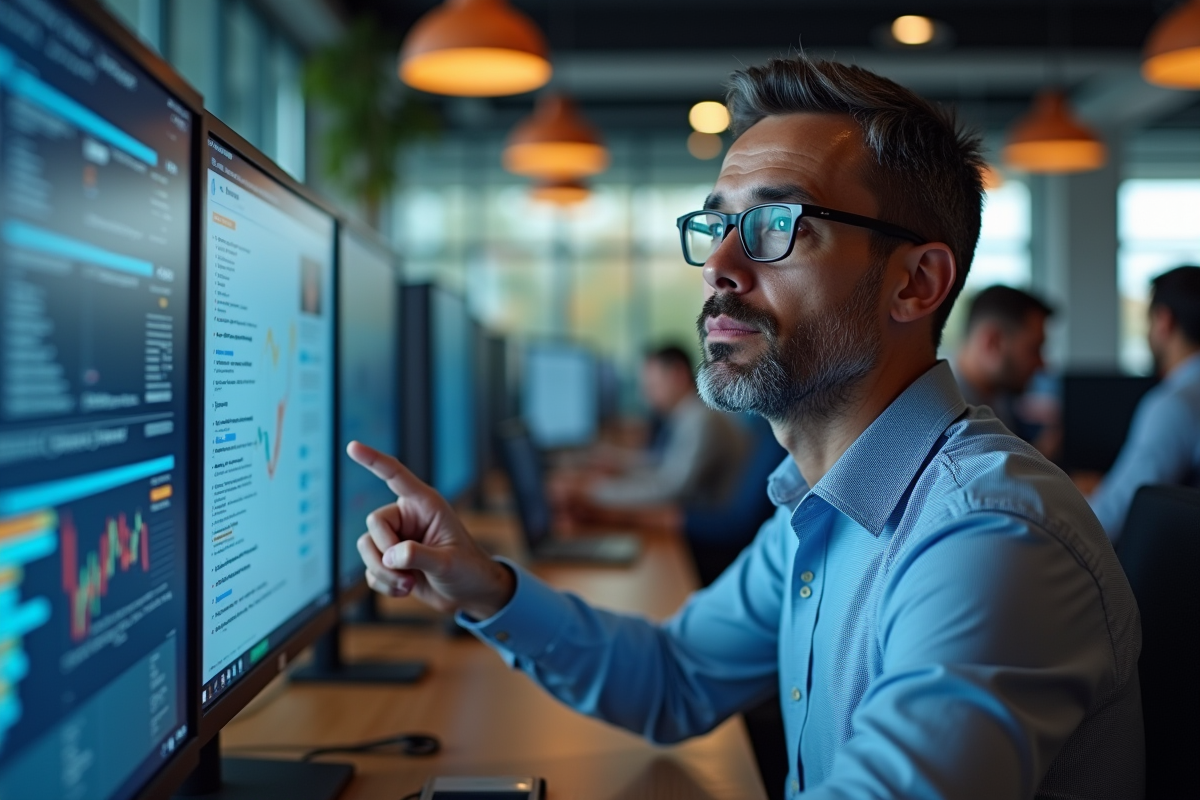 Homme en coworking analysant un graphique SEO sur son écran