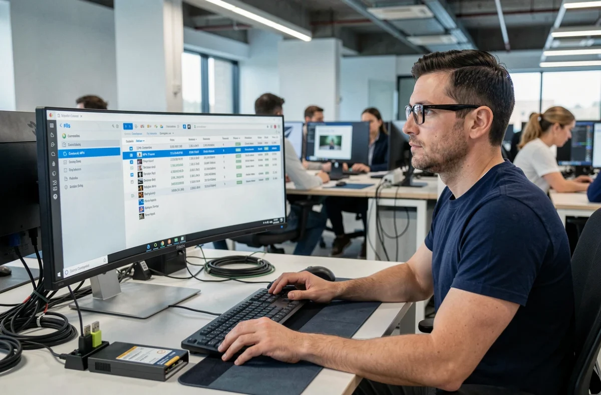Homme en train de convertir des fichiers vidéo au format MP4 sur un poste de travail multi-écrans dans un espace de travail moderne
